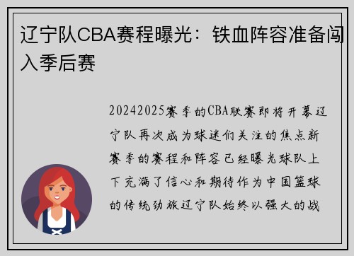 辽宁队CBA赛程曝光：铁血阵容准备闯入季后赛