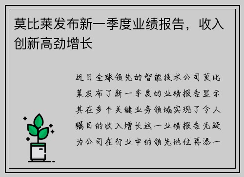 莫比莱发布新一季度业绩报告，收入创新高劲增长
