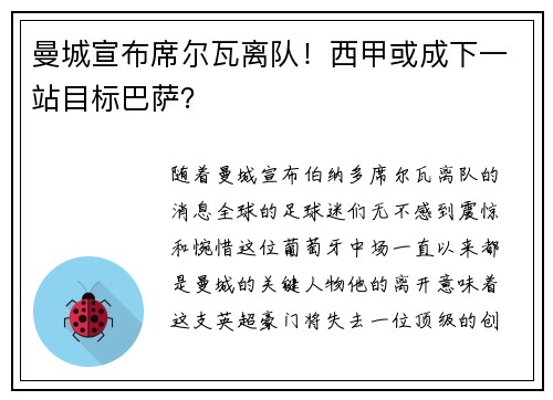 曼城宣布席尔瓦离队！西甲或成下一站目标巴萨？
